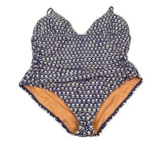 J Crew Blue White Floral One Piece V Neck Bathing Suit Flattering Size 22 NWOT